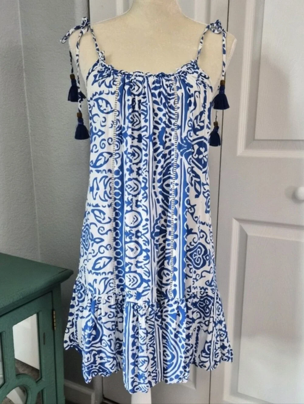 Maaji Blue White Mosaic Print Tile Swim Coverup Dress Large Boho Beach Resort